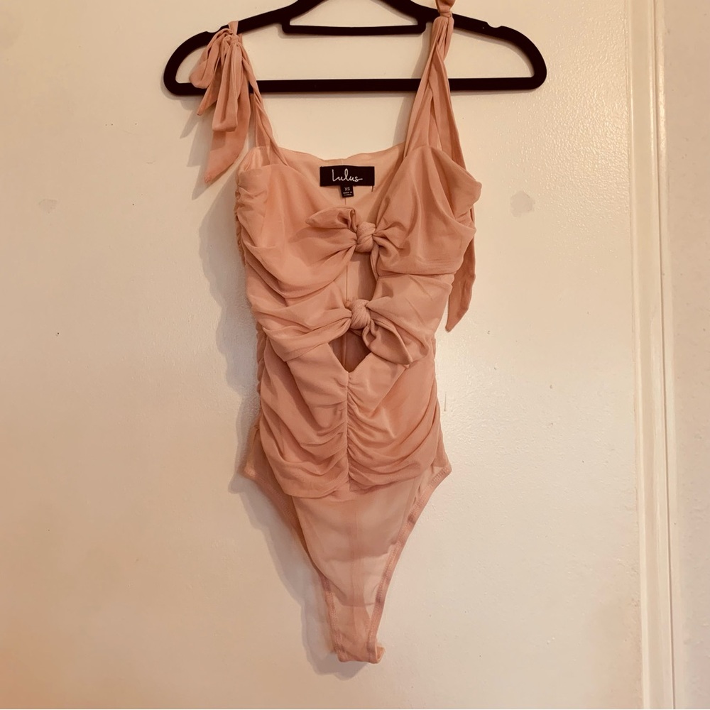Lulu's Dusty Blush Ruched Tie-Front Mesh Bodysuit